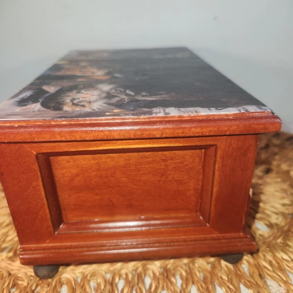 Upcycled Wooden Jewelry Box • Whimsical Victorian Kittens • Red Velvet Lined